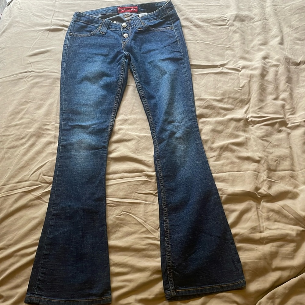Levi’s 520 Too Superlow Stretch Jeans, size 1 JR M, blue, low rise, flare.